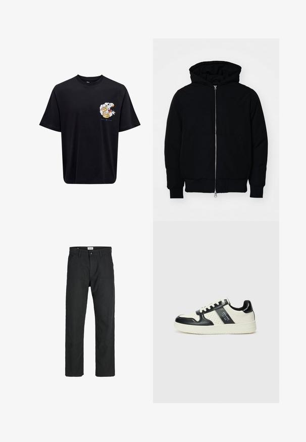 Čierna kapucňová bunda s predným zipsom, klokaními vreckami, rebrovanými manžetami a lemom, zobrazená na bielom pozadí.; Čierne bavlnené tričko s krátkymi rukávmi; má výraznú grafiku postavy s dymiacou nádobou, potlačenú na ľavej strane.; Čierne nohavice vyrobené z odolného materiálu, s rovnými nohavicami, prešitými detailmi a dvoma prednými vreckami pre väčšiu funkčnosť.; Kožené tenisky v čierno-krémovej farbe, s perforovanými akcentmi, polstrovaným golierom a štruktúrovanou podrážkou.