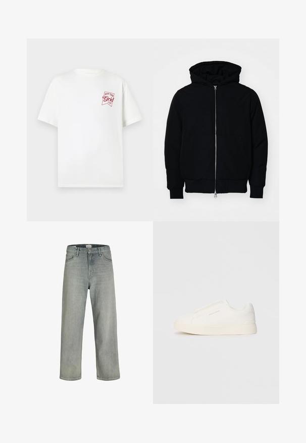 Black hooded jacket with front zipper, kangaroo pocket, ribbed cuffs, and hem, displayed on a plain white background.; White cotton t-shirt with short sleeves featuring a red logo graphic that reads "OFF THE Grid" on the left chest area.; Light gray, loose-fitting jeans made of denim. Features a classic five-pocket design, belt loops, and a straight leg silhouette.; White slip-on sneakers with a textured surface, a thick sole, and minimalistic design. Features brand logo on the side.