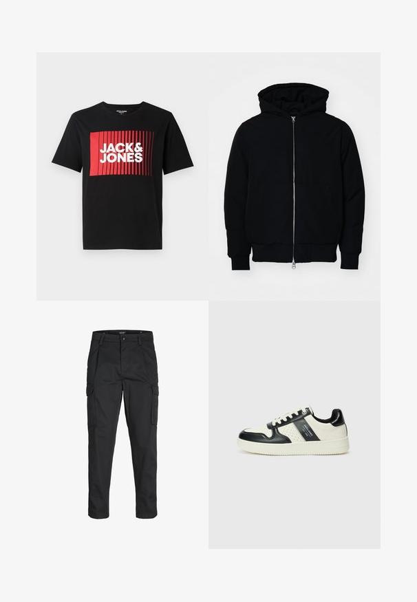 Juodas gobtuvėlis su priekiniu užtrauktuku, kengūros tipo kišene, lygiais rankogaliais ir apvadu, pateiktas ant vientiso balto fono.; Juodas trumpomis rankovėmis marškinėliai su raudonu stačiakampiu grafiniu dizainu ir vertikaliomis linijomis, ant kurių užrašas "JACK & JONES" balta spalva.; Juodi krovinių tipo džinsai, pagaminti iš tvirto audinio, su keliais kišeniais, mygtuko uždarymu ir siauru, prigludusiu dizainu su siaurėjančiomis kojomis.; Odiniai sportbačiai juodos ir kreminės spalvų schemoje, su perforuotais akcentais, paminkštinta apykakle ir tekstūruotu padu.