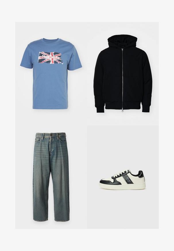 Melna kapucēta jaka ar priekšējo rāvējslēdzēju, kenguru kabatu, ribinātām aprocēm un apakšmalu, parādīta uz vienkārša balta fona.; Pepe Jeans CLAG - Apdrukāts T-krekls - sea blue; Gaiši zili džinsi ar brīvu piegriezumu, vidējo jostas augstumu un taisnām kājām. Satur piecas kabatas, jostas cilpas un pogu aizdari.; Ādas sporta apavi ar melnbaltu krāsu shēmu, ar perforētiem akcentiem, mīkstinātu apkakli un teksturētu zoli.