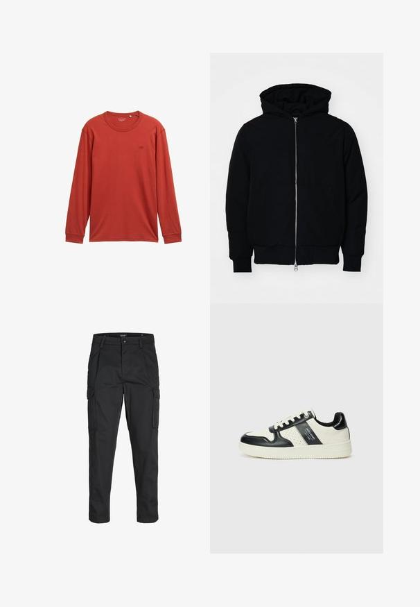 Jachetă neagră cu glugă, cu fermoar în față, buzunar tip kangaroo, mansete și tiv ribbed, prezentată pe un fundal alb simplu.; Tricou cu mânecă lungă de culoare roșie pală, fabricat dintr-un material moale. Are un decolteu tip crew și un mic logo pe piept. Croi normal.; Pantaloni cargo negri dintr-un material rezistent, cu multiple buzunare, închidere cu nasture și un design slim fit cu picioare conice.; Tenisi din piele cu un scheme de culori negru și crem, dotati cu accente perforate, guler căptușit și o talpă texturată.