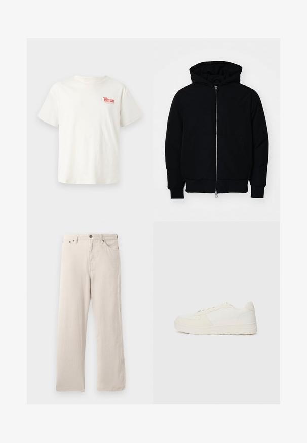 Black hooded jacket with front zipper, kangaroo pocket, ribbed cuffs, and hem, displayed on a plain white background.; White cotton t-shirt with short sleeves, featuring a red "POOL REPAIR FLOAT SERVICE" graphic on the left chest area.; Beige corduroy pants with a straight cut, featuring a ribbed texture, five-pocket design, and a button-fly closure.; White sneaker with a smooth leather upper and suede accents. Features a perforated toe, flat laces, and a rubber sole with textured detailing.