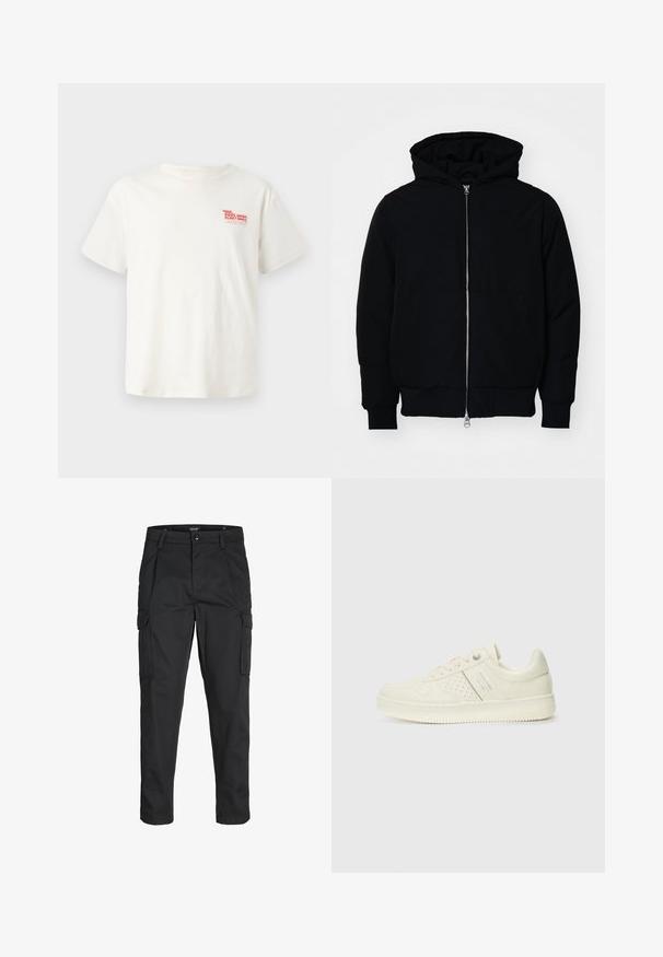 Veste à capuche noire avec fermeture éclair sur le devant, poche kangourou, poignets et ourlet côtelés, présentée sur un fond blanc uni.; T-shirt en coton blanc à manches courtes, avec un graphique rouge "SERVICE DE RÉPARATION DE FLOTTEURS DE PISCINE" sur la zone du côté gauche de la poitrine.; Pantalons cargo noirs en tissu résistant, dotés de plusieurs poches, d'une fermeture par bouton et d'une coupe slim avec des jambes fuselées.; Sneaker couleur crème avec des détails perforés, des lacets et un logo sur le côté, présenté sur un fond blanc uni.