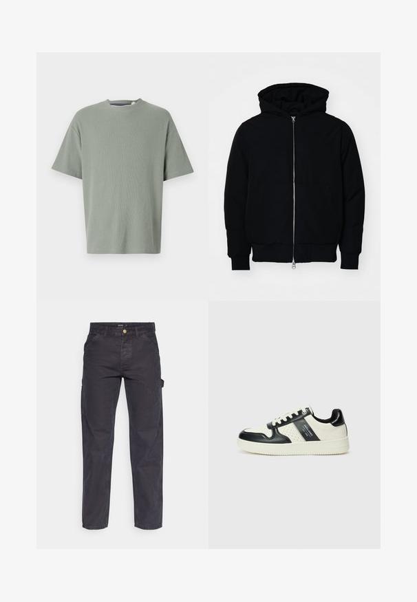 Giacca nera con cappuccio, dotata di zip frontale, tasca a marsupio, polsini e orlo a coste, esposta su uno sfondo bianco semplice.; T-shirt verde oliva a maniche corte, colletto rotondo, realizzato in tessuto morbido e testurizzato. Design semplice senza motivi o decorazioni visibili.; Pantaloni cargo grigio scuro realizzati in tessuto resistente, con un taglio dritto, cinque tasche e chiusura a bottoni in vita.; Sneakers in pelle con una combinazione di colori nero e crema, dotati di dettagli perforati, collare imbottito e suola testurizzata.