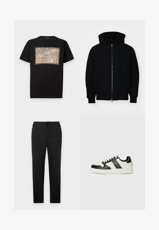 Mustaga kapuutsiga jakk, millel on esineed, kenguru tasku, soonikkoes, ja alläär, esitatud lihtsal valgel taustal.; Mustam puuvillane T-särk, millel on tekstuuriga ristkülikukujuline graafika beežis ja sinises, koos paksult valgete tekstidega "GUESS" ja "LOS ANGELES".; Jack & Jones JPSTACE NEO JOGGER - Püksid - black; Nahatud nahkkingad musta ja kreemi värviskeemiga, millel on perforeeritud aktsendid, pehme krae ja tekstureeritud tallad.