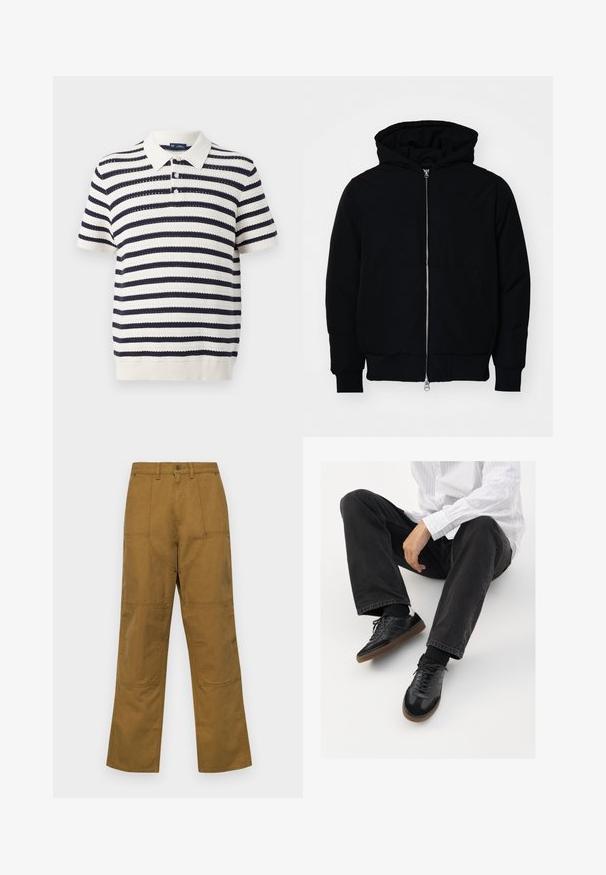 Svart huoodiejacka med framdragkedja, känguruficka, ribbade ärmslut och nederkant, uppställd mot en vit bakgrund.; Randig polo med marinblå och krämfärgade växelvis randen, korta ärmar, ribbad krage och knapplista med tre knappar. Stickad textur.; Bruna, vida byxor gjorda av mjukt tyg med en jämn textur, med lapplagda fickor och förstärkta sömmar för hållbarhet.; Svarta sneakers med en slät och texturerad ovandel, med en gummisula och mörka snören. I kombination med svarta jeans och en vit randig skjorta.
