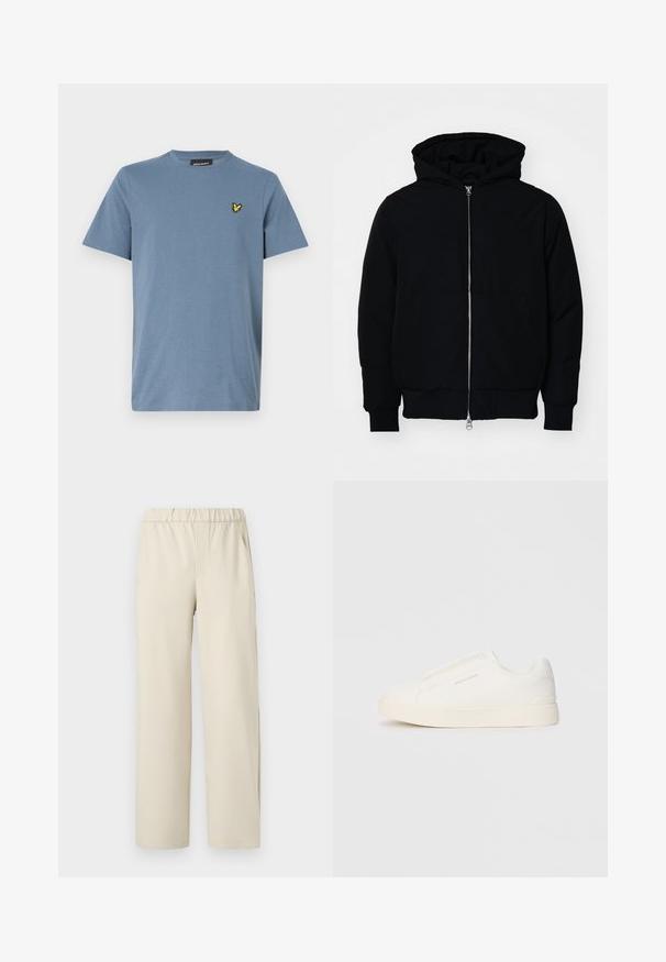 Svart hettejakke med frontglidelås, kengurulomme, ribbestrikket mansjetter og søm, vist på en ensfarget hvit bakgrunn.; Lyle & Scott T-shirts - mist blue; Beige bukse med vid benvidde og elastisk midje, laget av mykt stoff. Har en jevn tekstur og ingen synlige mønstre eller detaljer.; Hvite slip-on joggesko med teksturert overflate, tykk såle og minimalistisk design. Har merkevarelogo på siden.