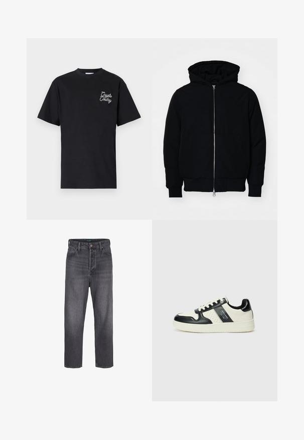 Black hooded jacket with front zipper, kangaroo pocket, ribbed cuffs, and hem, displayed on a plain white background.; Black cotton t-shirt featuring short sleeves, a crew neck, and a white embroidered "Crypto Cowboy" logo on the left chest.; Dark gray denim jeans with a straight leg design, high waist, five-pocket styling, and light fading. Metal button and zip fly closure.; Leather sneakers with a black and cream color scheme, featuring perforated accents, a padded collar, and a textured outsole.