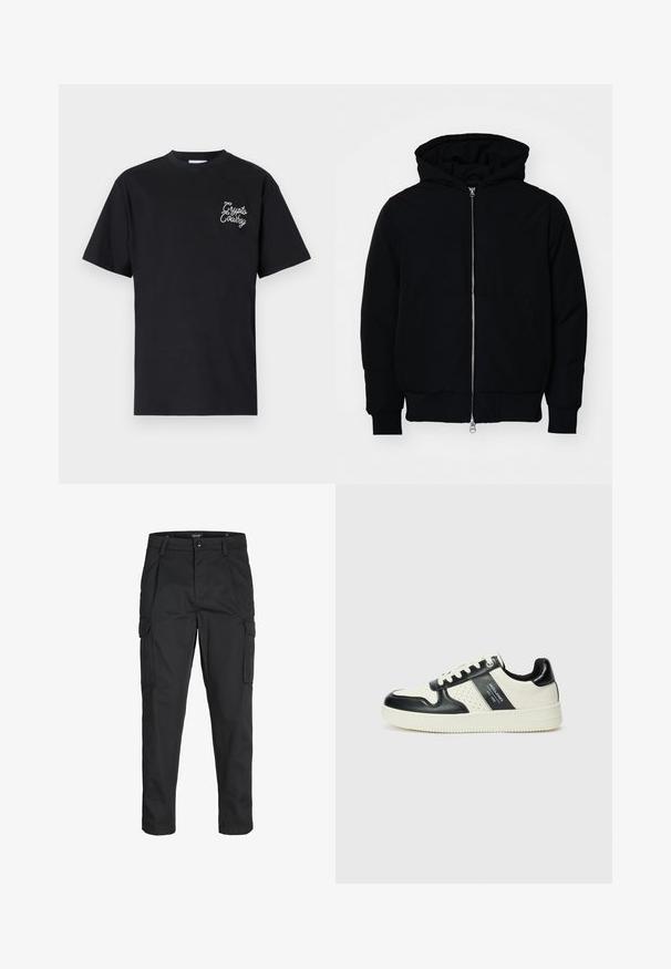 Čierna kapucňová bunda s predným zipsom, klokaními vreckami, rebrovanými manžetami a lemom, zobrazená na bielom pozadí.; Čierne bavlnené tričko s krátkymi rukávmi, okrúhlym výstrihom a bielym vyšitým logom "Crypto Cowboy" na ľavej hrudi.; Čierne cargo nohavice z odolnej látky, s viacerými vreckami, gombíkovým zapínaním a úzkym strihom so zúženými nohavicami.; Kožené tenisky v čierno-krémovej farbe, s perforovanými akcentmi, polstrovaným golierom a štruktúrovanou podrážkou.