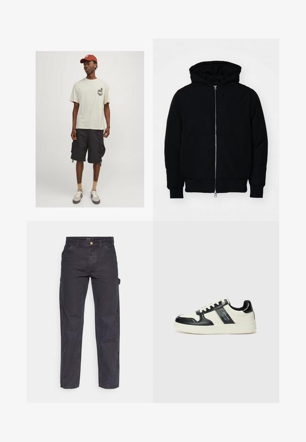 Fekete kapucnis dzseki elülső cipzárral, kenguruzsebbel, bordázott mandzsettákkal és aba, egy sima fehér háttér előtt.; Világos bézs pamut póló "CHAOS THEORY" grafikával a bal mellen, fekete cargo nadrággal, bézs zoknival és szürke tornacipővel párosítva.; Sötétszürke cargo nadrág tartós anyagból, egyenes szárú fazonnal, öt zsebbel és gombos derékzárral.; Fekete és krém színű bőrsneaker, perforált díszítésekkel, párnázott bokapánttal és texturált talppal.