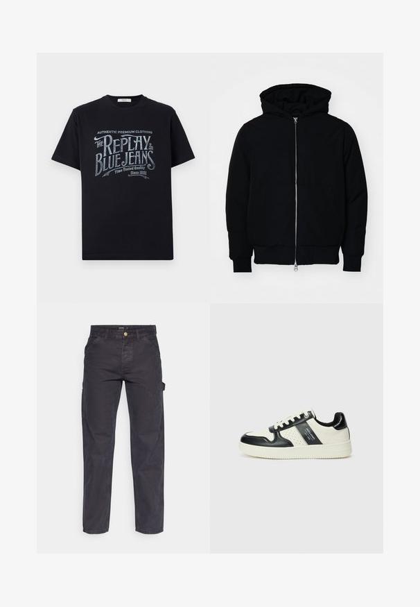 Mustaga kapuutsiga jakk, millel on esineed, kenguru tasku, soonikkoes, ja alläär, esitatud lihtsal valgel taustal.; Must värvi puuvillane t-särk lühikeste varrukatega ja ümmarguse kaelusega, mille esipaneelil on vintage-stiilis valge ja helesinine graafiline tekst.; Tumehallid cargo-püksid, mis on valmistatud vastupidavast kangast, sirge lõikega, viie tasku ja nupuga kinnitusega vööl.; Nahatud nahkkingad musta ja kreemi värviskeemiga, millel on perforeeritud aktsendid, pehme krae ja tekstureeritud tallad.