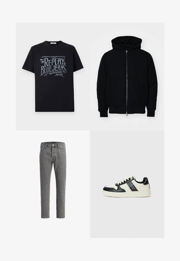 Black hooded jacket with front zipper, kangaroo pocket, ribbed cuffs, and hem, displayed on a plain white background.; Black cotton t-shirt with short sleeves and a round neckline, featuring a vintage-style white and light blue graphic text design on the front.; Gray denim jeans with a straight cut, five-pocket design, and metal button closure. Fabric has a soft, textured finish.; Leather sneakers with a black and cream color scheme, featuring perforated accents, a padded collar, and a textured outsole.