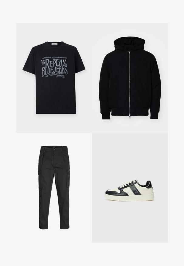 Crna kapuška jakna s prednjim zatvaračem, kenguru džepom, rebrastim manžetama i rubom, prikazana na običnoj bijeloj pozadini.; Crna pamučna majica s kratkim rukavima i okruglim izrezom, s vintage stilom bijelog i svijetlo plavog grafičkog natpisa na prednjoj strani.; Crne cargo hlače izrađene od čvrstog materijala, s brojnim džepovima, kopčanjem na gumb i dizajnom koji pomaže da se prilagode tijelu sa suženim nogavicama.; Kožne tenisice s crno-bijelom paletom boja, koje imaju perforirane akcentne detalje, podstavljeni ovratnik i teksturiranu potplat.