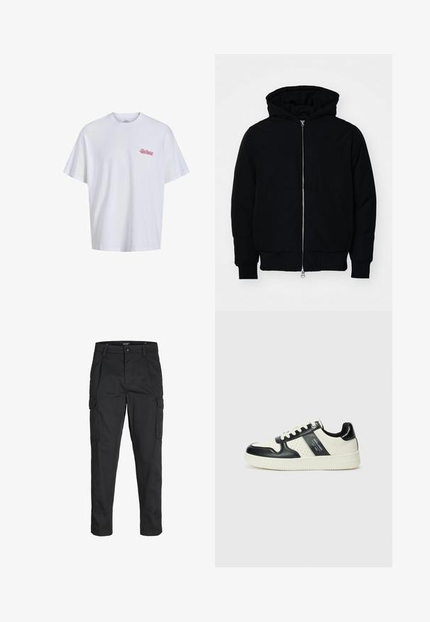 Sort hættejakke med frontlynlås, kængurulomme, ribbede manchetter og kant, præsenteret på en ensfarvet hvid baggrund.; Hvid bomulds T-shirt med korte ærmer, rund halsudskæring, prydet med et lille pink grafik på venstre bryst. Glat tekstur, afslappet pasform.; Sorte cargo-bukser lavet af slidstærkt stof, der har flere lommer, en knaplukning og et slim fit design med smalle ben.; Lædersneakers i sort og creme farveskema, med perforerede detaljer, en polstret krave og en struktureret ydersål.