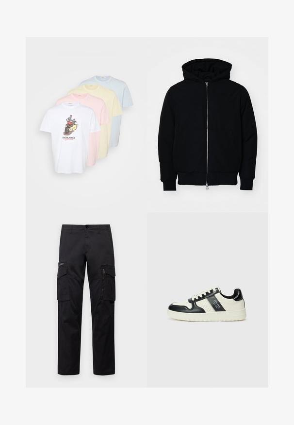 Juodas gobtuvėlis su priekiniu užtrauktuku, kengūros tipo kišene, lygiais rankogaliais ir apvadu, pateiktas ant vientiso balto fono.; Keturių medvilninių marškinėlių rinkinys, kuriame yra balti, rožiniai, geltoni ir šviesiai mėlyni marškiniai. Balti marškiniai turi grafišką spaudinį. Klasikinis apvalios kaklo dizainas.; Juodos krovinių kelnės, turinčios kelis kišenes, užtrauktuku uždaromą kišenę ant šlaunies, tiesaus kirpimo ir tvirtos medvilnės audinys su nežymiu blizgesiu.; Odiniai sportbačiai juodos ir kreminės spalvų schemoje, su perforuotais akcentais, paminkštinta apykakle ir tekstūruotu padu.
