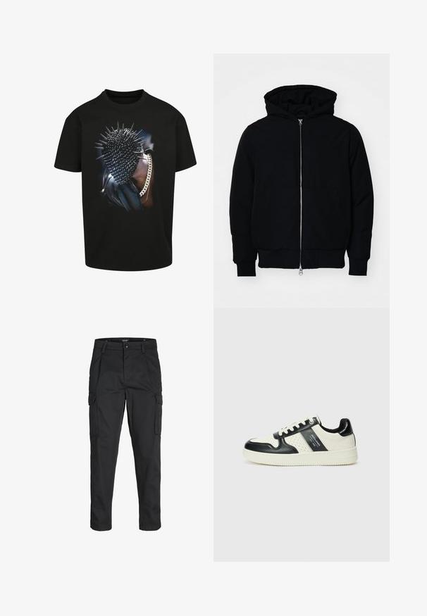 Crna kapuška jakna s prednjim zatvaračem, kenguru džepom, rebrastim manžetama i rubom, prikazana na običnoj bijeloj pozadini.; Crna majica s kratkim rukavima s grafikom šiljatog lica i akcentima od lanca. Klasičan kroj. Odvažan dizajn s sjajnom teksturom.; Crne cargo hlače izrađene od čvrstog materijala, s brojnim džepovima, kopčanjem na gumb i dizajnom koji pomaže da se prilagode tijelu sa suženim nogavicama.; Kožne tenisice s crno-bijelom paletom boja, koje imaju perforirane akcentne detalje, podstavljeni ovratnik i teksturiranu potplat.