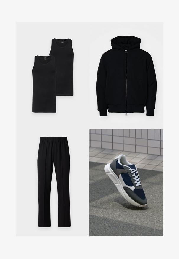 Black hooded jacket with front zipper, kangaroo pocket, ribbed cuffs, and hem, displayed on a plain white background.; Two black tank tops; fitted design, round neck, smooth texture, made of stretchy fabric; both with discreet brand logo on the front.; Black, elastic-waist trousers with a straight-leg design, featuring a smooth texture and no visible patterns or hardware.; Sneaker featuring a navy blue mesh upper, gray suede accents, white rubber sole, and flat white laces, designed for comfort and breathability.