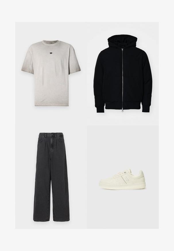 Chaqueta negra con capucha, cierre frontal, bolsillo tipo canguro, y puños y dobladillo acanalados, exhibida sobre un fondo blanco liso.; Camiseta de algodón gris con cuello redondo, mangas cortas y un pequeño logo negro en el pecho. Textura suave, corte relajado y diseño minimalista.; Pantalones de denim negros de tiro alto y pierna ancha, con cierre de botón y cremallera en el frente, que cuentan con bolsillos laterales y una textura suave.; Zapatilla color crema con detalles perforados, cordones y logotipo en el lateral, exhibida sobre un fondo blanco liso.