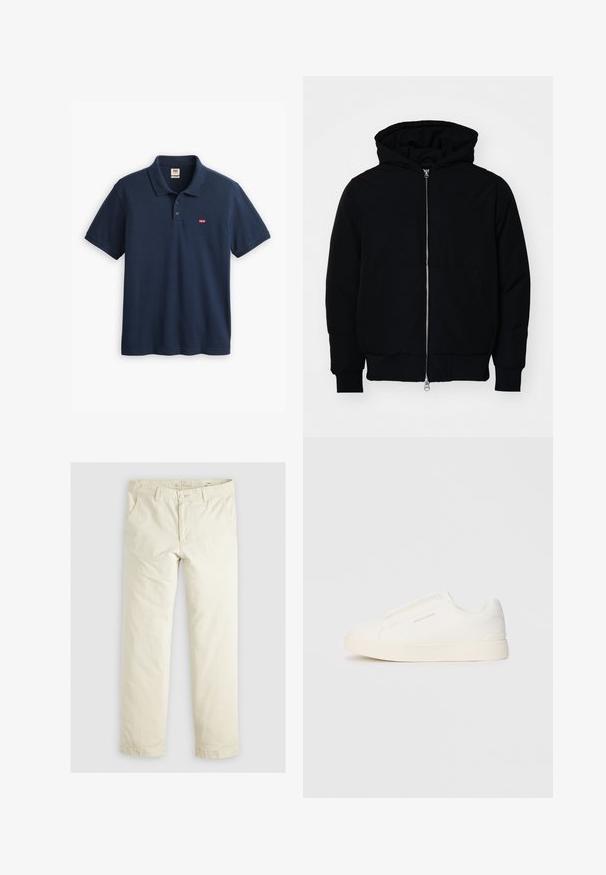 Svart hettejakke med frontglidelås, kengurulomme, ribbestrikket mansjetter og søm, vist på en ensfarget hvit bakgrunn.; Mørkeblå polo skjorte laget av bomull, med krage, treknappslukking, og et lite Levi's logo lapp på venstre bryst.; Lys beige løse bukser med tre lommer, beltestropper og rett ben-design. Laget av et mykt bomullsblandingsstoff.; Hvite slip-on joggesko med teksturert overflate, tykk såle og minimalistisk design. Har merkevarelogo på siden.