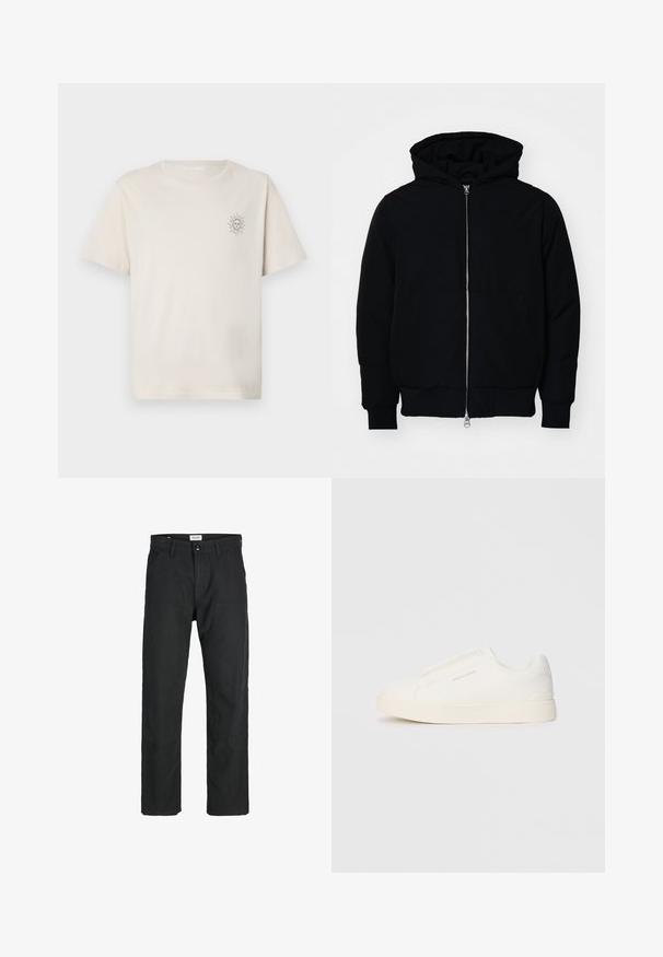 Mustaga kapuutsiga jakk, millel on esineed, kenguru tasku, soonikkoes, ja alläär, esitatud lihtsal valgel taustal.; Koorikreemhalli lühikeste varrukatega T-särk, mis on valmistatud puuvillast, vasakul rinnal on väike päikese graafika. Lihtne ümar kaelus ja mugav lõige.; Mustad mustad, mis on valmistatud vastupidavast kangast, sirge jala disainiga, õmmeldud detailidega ja kahe eesmise taskuga funktsionaalsuse jaoks.; Valged libisemiskindlad tossud tekstuuriga pinnaga, paksu tallaga ja minimalistikus disainis. Küljel on brändi logo.