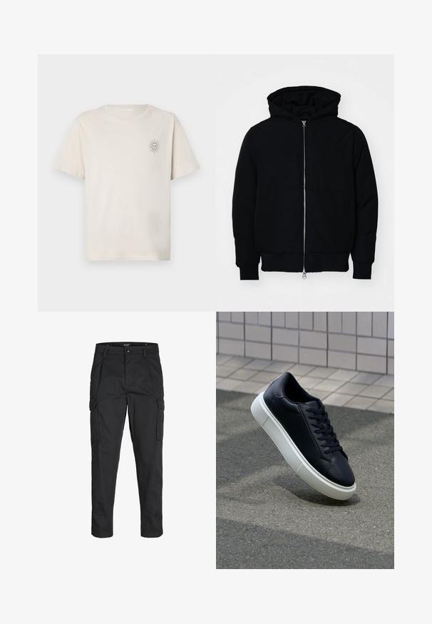 Crna kapuška jakna s prednjim zatvaračem, kenguru džepom, rebrastim manžetama i rubom, prikazana na običnoj bijeloj pozadini.; Krem majica s kratkim rukavima od pamuka, s malim grafičkim prikazom sunca na lijevoj strani prsnog dijela. Jednostavan okrugli izrez i ležeran kroj.; Crne cargo hlače izrađene od čvrstog materijala, s brojnim džepovima, kopčanjem na gumb i dizajnom koji pomaže da se prilagode tijelu sa suženim nogavicama.; Crne kožne tenisice s zaobljenim vrhom i bijelim gumiranim potplatom. Imaju ravne vezice i minimalno šivanje na gornjem dijelu. Teksturirani potplat za bolje prianjanje.