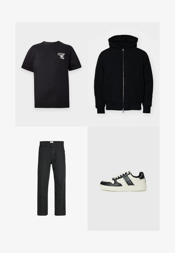 Mustaga kapuutsiga jakk, millel on esineed, kenguru tasku, soonikkoes, ja alläär, esitatud lihtsal valgel taustal.; Must beežist t-särk lühikeste varrukatega, ümmarguse kaelusega, millel on valge graafiline kujundus vasakul rinnapiirkonnas.; Mustad mustad, mis on valmistatud vastupidavast kangast, sirge jala disainiga, õmmeldud detailidega ja kahe eesmise taskuga funktsionaalsuse jaoks.; Nahatud nahkkingad musta ja kreemi värviskeemiga, millel on perforeeritud aktsendid, pehme krae ja tekstureeritud tallad.