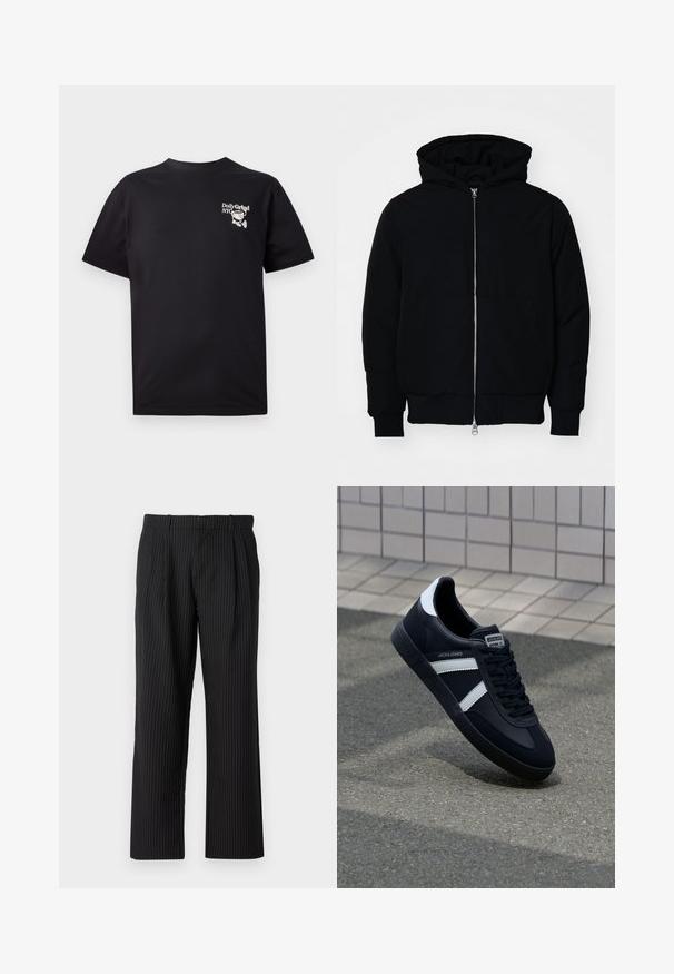 Mustaga kapuutsiga jakk, millel on esineed, kenguru tasku, soonikkoes, ja alläär, esitatud lihtsal valgel taustal.; Must beežist t-särk lühikeste varrukatega, ümmarguse kaelusega, millel on valge graafiline kujundus vasakul rinnapiirkonnas.; Jack & Jones JPSTBILL JJDAYTONA WIDE - Püksid - black; Must have musta sneaker musta valgete triipudega, tekstuurne kummitald ja nööridega esiosa. Omab bränditud märki keele peal.