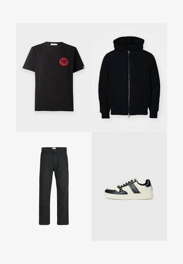 Črna kapuca jakna s sprednjim zadrgo, kenguru žepom, rebrastimi manšetami in hemom, razstavljena na enostavni beli ozadju.; Črna bombažna majica s kratkimi rokavi, ki vsebuje rdeč krožni tisk z številkami "981" in besedo "REPLAY."; Črne hlače iz trpežnega materiala, s krojem naravnih nog, našitki ter dvema sprednjima žepoma za funkcionalnost.; Usnjeni športni čevlji z črno in krem barvno shemo, ki vključujejo perforirane dodatke, podložen ovratnik in strukturirano podplat.