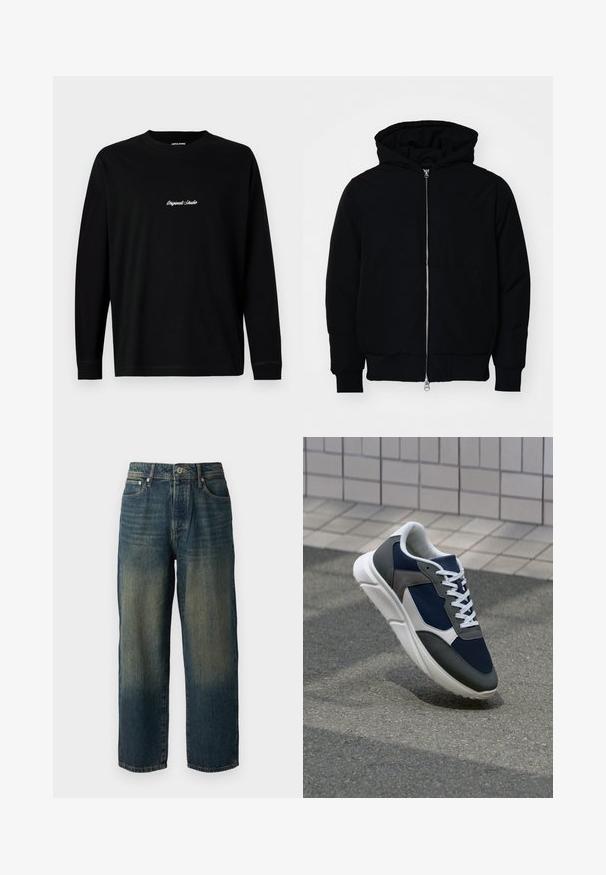 Black hooded jacket with front zipper, kangaroo pocket, ribbed cuffs, and hem, displayed on a plain white background.; Long-sleeve black T-shirt featuring "Originals Studio" embroidered in white on the chest; minimalist design against a plain background.; Blue denim jeans with a straight cut, featuring a faded design with lighter shades towards the hem, five pockets, and a button closure.; Sneaker featuring a navy blue mesh upper, gray suede accents, white rubber sole, and flat white laces, designed for comfort and breathability.