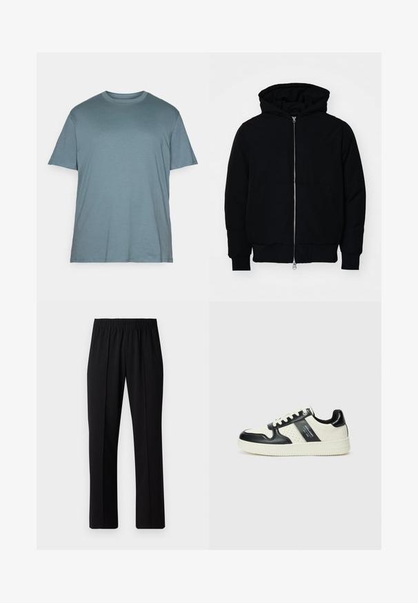 Schwarze Kapuzenjacke mit Frontreißverschluss, Kängurutasche, gerippten Bündchen und Saum, auf einem schlichten weißen Hintergrund präsentiert.; Jack & Jones JJEBRADLEY - T-Shirt basic - goblin blue; Schwarze, Gummibund-Hosen mit geradem Schnitt, die eine glatte Textur aufweisen und keine sichtbaren Muster oder Beschläge haben.; Leder-Sneaker in Schwarz- und Cremetönen, mit perforierten Akzenten, einem gepolsterten Kragen und einer strukturierten Laufsohle.