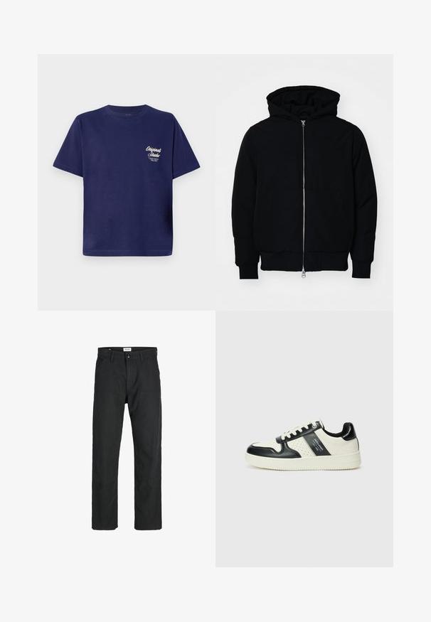 Juodas gobtuvėlis su priekiniu užtrauktuku, kengūros tipo kišene, lygiais rankogaliais ir apvadu, pateiktas ant vientiso balto fono.; Tamsiai mėlyna medvilninė marškinėliai su trumpomis rankovėmis, apykakle ir maža balta teksto grafika kairėje pusėje. Paprastas, vientisos spalvos dizainas.; Juodi kelniai, pagaminti iš tvirto audinio, su tiesiomis kojomis, siuvinėtomis detalėmis ir dviem priekinėmis kišenėmis funkcionalumui.; Odiniai sportbačiai juodos ir kreminės spalvų schemoje, su perforuotais akcentais, paminkštinta apykakle ir tekstūruotu padu.
