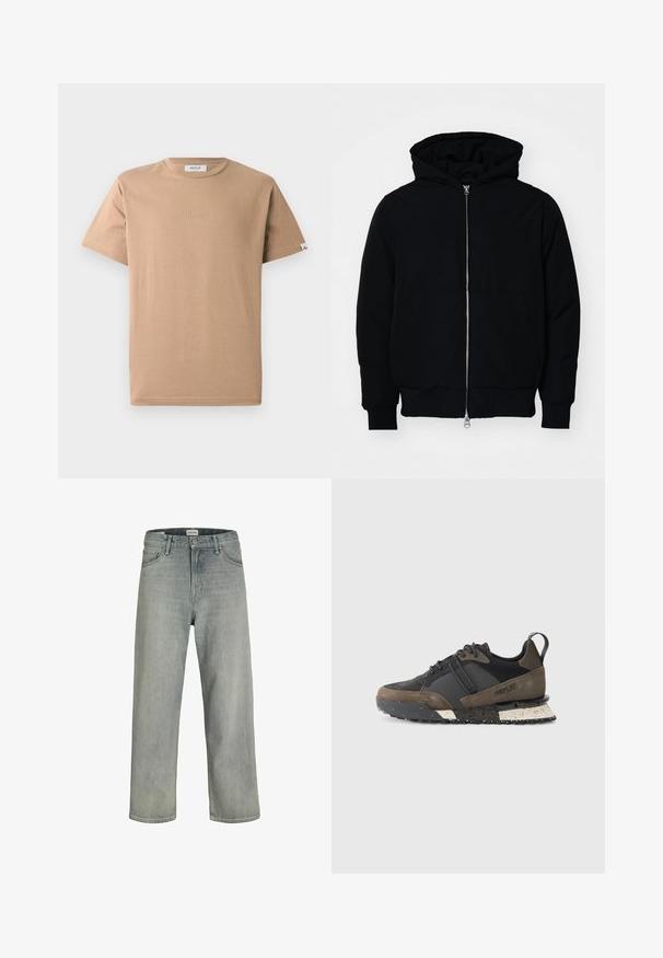 Juodas gobtuvėlis su priekiniu užtrauktuku, kengūros tipo kišene, lygiais rankogaliais ir apvadu, pateiktas ant vientiso balto fono.; Smėlinis medvilninis marškinėliai su apvalia iškirpte, trumpomis rankovėmis ir subtiliu reljefiniu "REPLAY" logotipu priekyje. Lygus paviršius, atsipalaidavęs siluetas.; Šviesiai pilkos, laisvai krentančios džinsinės kelnės. Turi klasikinį penkių kišenių dizainą, diržo kilpas ir tiesius kojų siluetus.; Replay FIELD JUPITER CRAFT - Sportbačiai - black/dark grey