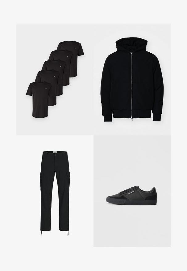 Črna kapuca jakna s sprednjim zadrgo, kenguru žepom, rebrastimi manšetami in hemom, razstavljena na enostavni beli ozadju.; Črne bombažne majice s kratkimi rokavi, okroglim ovratnikom in majhnim logotipom na levem prsnem delu, prikazane v kupu petih.; Črne cargo hlače s ravnim krojem, opremljene z bočnimi žepi, z gumbom za zapiranje in elastičnimi vrvicami pri gležnjih. Narejene iz trpežnega materiala.; Črne teniske, narejene iz kombinacije usnja in semiša, z okroglimi vezalkami, teksturiranim gumijastim podplatom in logotipom blagovne znamke na strani.