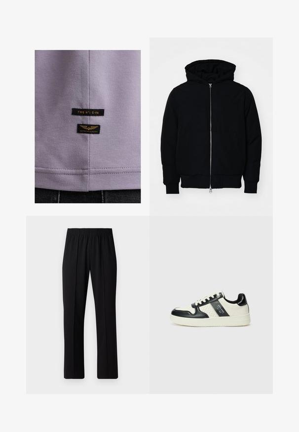 Chaqueta negra con capucha, cierre frontal, bolsillo tipo canguro, y puños y dobladillo acanalados, exhibida sobre un fondo blanco liso.; Camisa de algodón lavanda que muestra la textura de la tela y las etiquetas laterales: una negra con texto amarillo "TIPO N°: C-46" y otra con "CLÁSICO AMERICANO."; Pantalones negros con cintura elástica y diseño de pierna recta, con una textura suave y sin patrones o herrajes visibles.; Zapatillas de cuero con un esquema de colores negro y crema, que cuentan con acentos perforados, un collar acolchado y una suela texturizada.