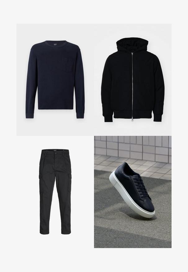 Mustaga kapuutsiga jakk, millel on esineed, kenguru tasku, soonikkoes, ja alläär, esitatud lihtsal valgel taustal.; Tumesinine pikkade varrukatega T-särk, mis on valmistatud puuvillast, ümarate väljalõigetega kaelas ja väikese rindade taskuga vasakul küljel. Sile tekstuur.; Mustad mustapõlvik, mis on valmistatud tugeva koe kasutades, sisaldab mitmeid taskuid, nupule kinnitatav sulgemine ja kitsenev disain.; Mustast nahast tennisetoss, millel on ümar nina ja valge kummist tall. Omab siredaid paelu ja minimaalset õmblemist ülemises osas. Tekstuuriga tald, mis tagab haakuvuse.