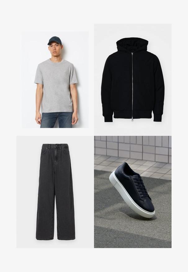 Svart hettejakke med frontglidelås, kengurulomme, ribbestrikket mansjetter og søm, vist på en ensfarget hvit bakgrunn.; Grå bomull T-skjorte med korte ermer og rund hals, kombinert med mørkeblå jeans og en matchende caps med logo foran.; Bredde ben, høy midje svarte dongeri bukser med knapp og glidelås foran, med sidelommer og en glatt tekstur.; Sorte skinnsneakers med rund tå og hvit gummisåle. Har flate lisser og minimal søm på overdelen. Strukturert såle for grep.