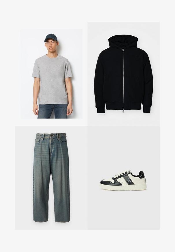 Black hooded jacket with front zipper, kangaroo pocket, ribbed cuffs, and hem, displayed on a plain white background.; Gray cotton T-shirt with short sleeves and a crew neckline, paired with dark blue jeans and a matching cap with a logo on the front.; Light blue denim jeans with a loose fit, mid-rise waist, and straight legs. Features five pockets, belt loops, and a button closure.; Leather sneakers with a black and cream color scheme, featuring perforated accents, a padded collar, and a textured outsole.