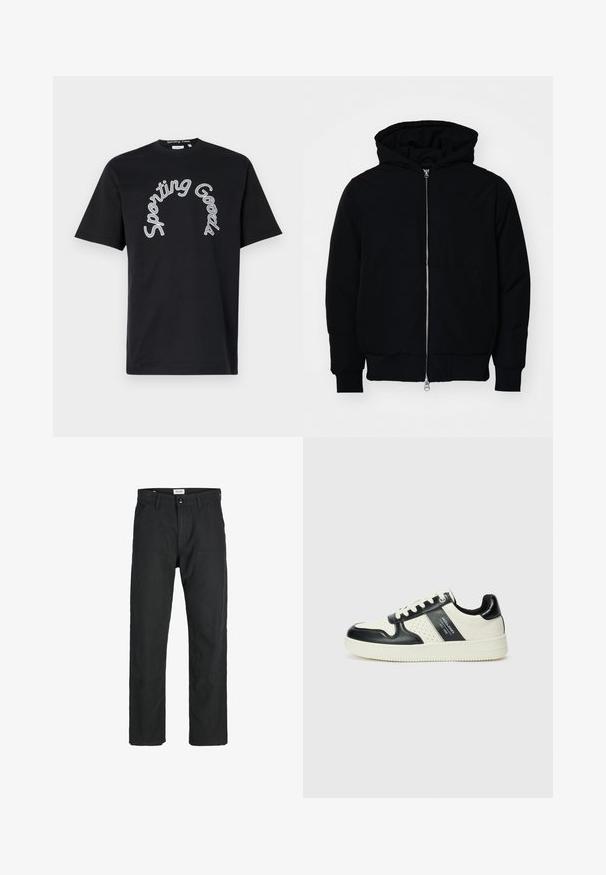 Juodas gobtuvėlis su priekiniu užtrauktuku, kengūros tipo kišene, lygiais rankogaliais ir apvadu, pateiktas ant vientiso balto fono.; Juoda medvilnės marškinėlius su išraižytu balto rašalo "Sporto prekės" užrašu. Trumpomis rankovėmis ir apykakle. Lygi tekstūra.; Juodi kelniai, pagaminti iš tvirto audinio, su tiesiomis kojomis, siuvinėtomis detalėmis ir dviem priekinėmis kišenėmis funkcionalumui.; Odiniai sportbačiai juodos ir kreminės spalvų schemoje, su perforuotais akcentais, paminkštinta apykakle ir tekstūruotu padu.