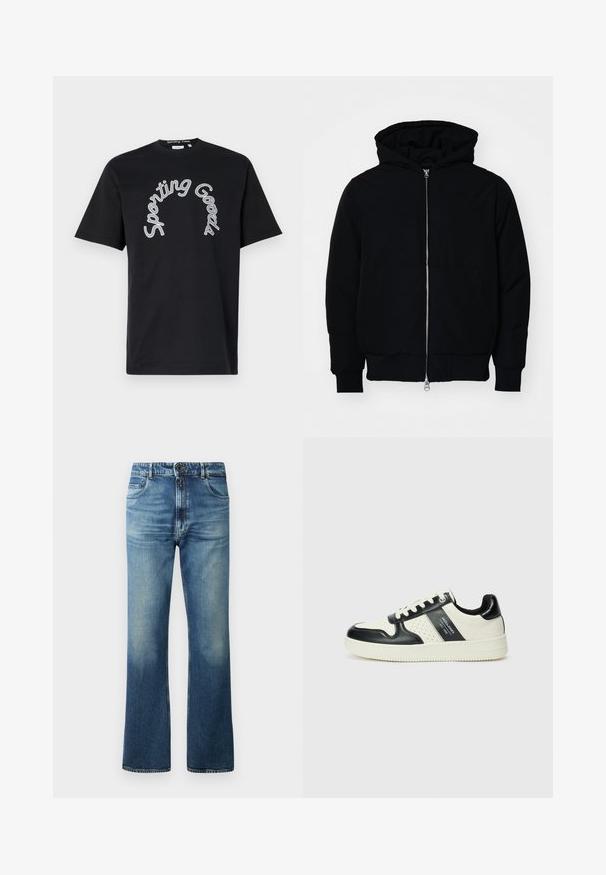Sort hættejakke med frontlynlås, kængurulomme, ribbede manchetter og kant, præsenteret på en ensfarvet hvid baggrund.; Sort bomulds t-shirt med en buet "Sporting Goods" print i hvid. Korte ærmer og rund hals design. Glat tekstur.; Blå denimjeans med en klokkeformet ben-design, der har en lysvasket finish, fem lommer og lukning med knap.; Lædersneakers i sort og creme farveskema, med perforerede detaljer, en polstret krave og en struktureret ydersål.