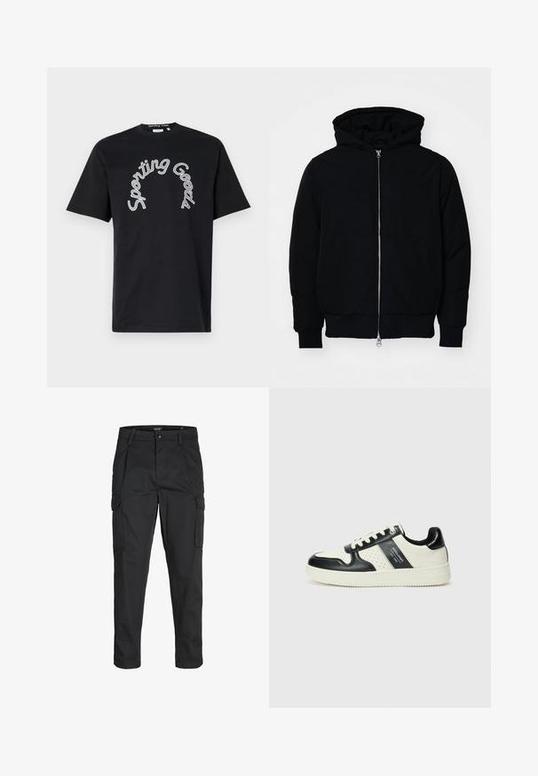 Schwarze Kapuzenjacke mit Frontreißverschluss, Kängurutasche, gerippten Bündchen und Saum, auf einem schlichten weißen Hintergrund präsentiert.; Schwarz Baumwoll-T-Shirt mit einem gebogenen "Sporting Goods"-Druck in Weiß. Kurze Ärmel und Rundhalsausschnitt. Glatte Textur.; Schwarze Cargo-Hose aus robustem Material, mit mehreren Taschen, einem Knopfverschluss und einem Slim-Fit-Design mit schmal zulaufenden Beinen.; Leder-Sneaker in Schwarz- und Cremetönen, mit perforierten Akzenten, einem gepolsterten Kragen und einer strukturierten Laufsohle.
