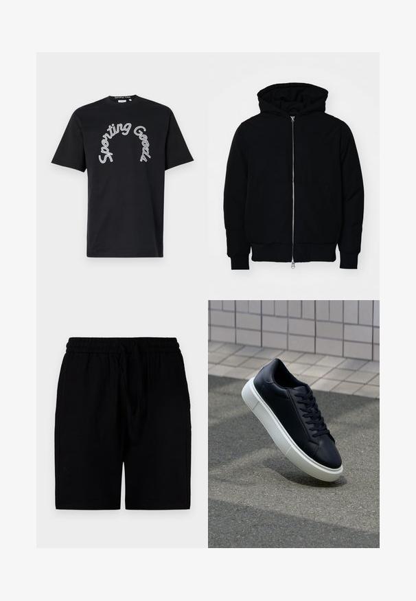 Schwarze Kapuzenjacke mit Frontreißverschluss, Kängurutasche, gerippten Bündchen und Saum, auf einem schlichten weißen Hintergrund präsentiert.; Schwarz Baumwoll-T-Shirt mit einem gebogenen "Sporting Goods"-Druck in Weiß. Kurze Ärmel und Rundhalsausschnitt. Glatte Textur.; Schwarze Shorts aus leichtem Material mit einem elastischen Bund und Kordelzug, Seitentaschen und einem lockeren Schnitt.; Schwarze Leder-Sneaker mit runder Zehenpartie und weißer Gummisohle. Verfügt über flache Schnürsenkel und minimale Nähte im Obermaterial. Strukturiertes Sohlenprofil für besseren Halt.