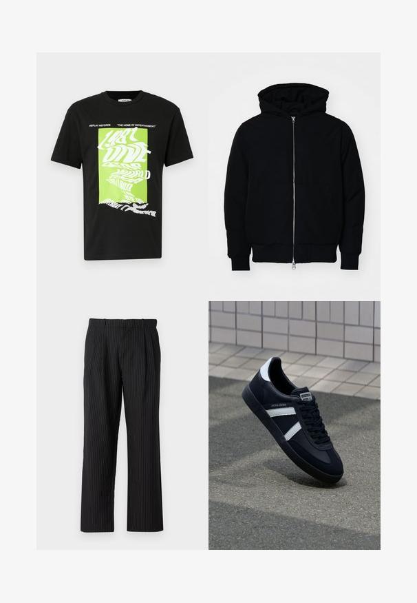 Melna kapucēta jaka ar priekšējo rāvējslēdzēju, kenguru kabatu, ribinātām aprocēm un apakšmalu, parādīta uz vienkārša balta fona.; Melna kokvilnas T-kreklu ar izkropļotu baltu un neona zaļu grafiku ar tekstu, apaļu kakla izgriezumu, īsām piedurknēm un taisnu apakšu.; Jack & Jones JPSTBILL JJDAYTONA WIDE - Auduma bikses - black; Melnā ādas sporta apavi ar baltām svītrām, teksturēta gumijas zole un auklu aizdare. Iekļauj zīmola etiķeti uz mēles.
