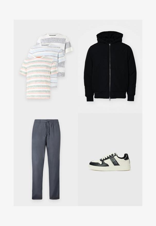 Černá kapucňová bunda s předním zipem, klokaní kapsou, vroubkovanými manžetami a spodním lemem, vystavená na čistém bílém pozadí.; Tři trička s krátkým rukávem naskládaná na sobě. Jedno má zelené a korálové pruhy, další světle modré pruhy a poslední šedo-modré pruhy. Bavlněný materiál.; Šedé kalhoty vyrobené z hladké tkaniny, s šňůrkovým zapínáním a bočními kapsami. Design s rovnými nohavicemi a čistým provedením.; Kožené tenisky s černobílou barevnou kombinací, které mají perforované detaily, polstrovaný límec a texturovanou podrážku.