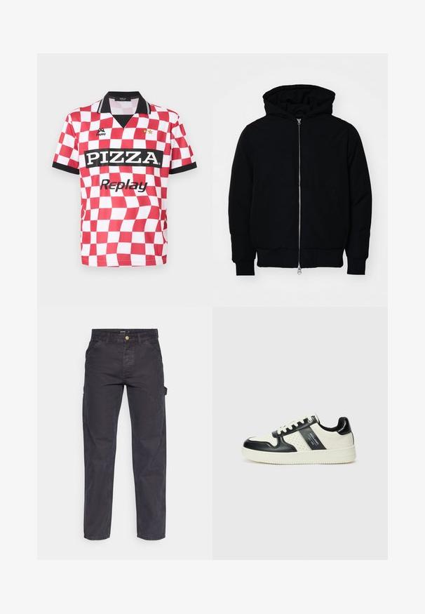 Čierna kapucňová bunda s predným zipsom, klokaními vreckami, rebrovanými manžetami a lemom, zobrazená na bielom pozadí.; Červeno-biele kockované krátke rukávy dres s čiernym golierom, logom "PIZZA" a dvoma hviezdami nad názvom značky. Hladká textúra látky.; Tmavošedé cargo nohavice vyrobené z odolného materiálu, s rovnými nohavicami, piatimi vreckami a gombíkovým zapínaním v páse.; Kožené tenisky v čierno-krémovej farbe, s perforovanými akcentmi, polstrovaným golierom a štruktúrovanou podrážkou.