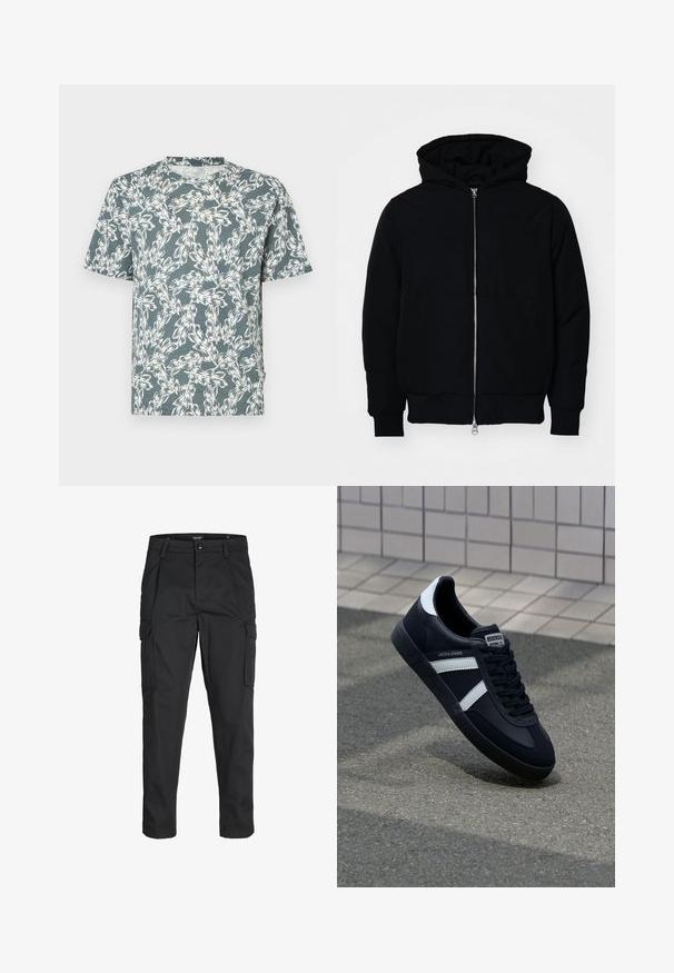 Sort hættejakke med frontlynlås, kængurulomme, ribbede manchetter og kant, præsenteret på en ensfarvet hvid baggrund.; Kortærmet T-shirt i teal-farve med et hvidt blomsterdesign. Fremstillet af letvægtsstof med en afslappet pasform.; Sorte cargo-bukser lavet af slidstærkt stof, der har flere lommer, en knaplukning og et slim fit design med smalle ben.; Sort lædersneaker med hvide striber, tekstureret gummisål og snørrebånd foran. Har et brandet mærke på tungen.