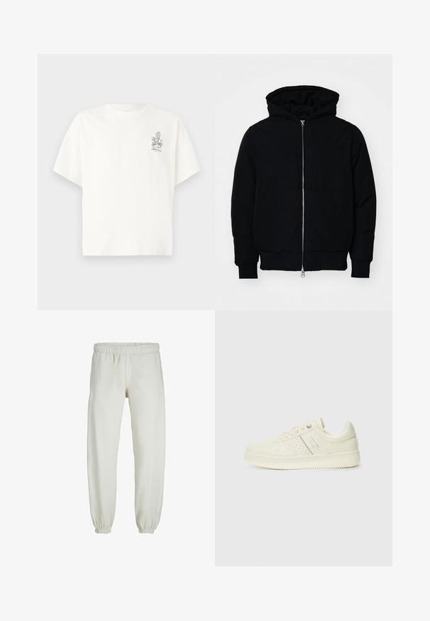 Chaqueta negra con capucha, cierre frontal, bolsillo tipo canguro, y puños y dobladillo acanalados, exhibida sobre un fondo blanco liso.; T-shirt de algodón blanco con un corte holgado, mangas cortas y un pequeño gráfico floral negro en el lado izquierdo del pecho. Textura suave.; Pantalones de chándal blancos hechos de una tela suave, con cinturilla y puños elásticos, que presentan una textura suave y un diseño holgado.; Zapatilla color crema con detalles perforados, cordones y logotipo en el lateral, exhibida sobre un fondo blanco liso.