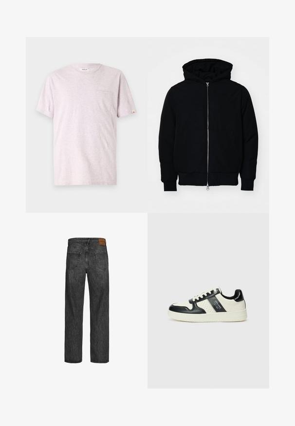 Fekete kapucnis dzseki elülső cipzárral, kenguruzsebbel, bordázott mandzsettákkal és aba, egy sima fehér háttér előtt.; Világoslila, rövid ujjú pamut póló, kerek nyakkivágással, kis zsebbel a mellkasán, és diszkrét logórészlettel a zseb felett.; Fekete farmernadrág, egyenes szárú dizájnnal, öt zsebes stílussal, és barna bőr folttal a deréknál. Texturált anyag, varrási részletekkel.; Fekete és krém színű bőrsneaker, perforált díszítésekkel, párnázott bokapánttal és texturált talppal.