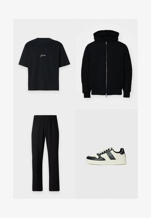 Zwarte hoodie met rits aan de voorkant, kangoeroe-pocket, geribbelde manchetten en zoom, weergegeven op een effen witte achtergrond.; Zwarte katoenen T-shirt met korte mouwen en een ronde hals. Voorzien van witte tekst "Archive" in cursieve letters op de voorkant.; Zwarte, elastische broek met rechte pijpen, met een gladde textuur en zonder zichtbare patronen of hardware.; Leren sneakers met een zwart en crèmekleurig kleurenschema, voorzien van geperforeerde accenten, een gevoerde kraag en een gestructureerde buitenzool.