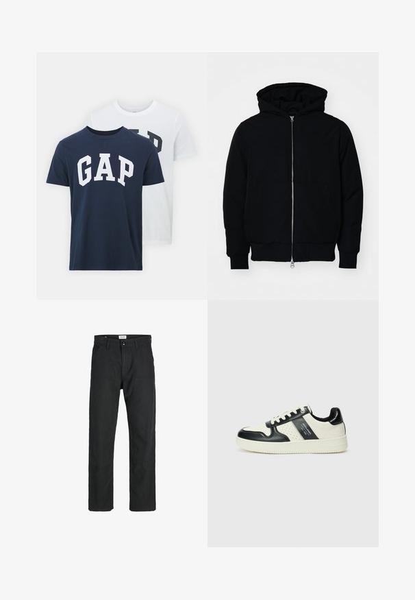 Juodas gobtuvėlis su priekiniu užtrauktuku, kengūros tipo kišene, lygiais rankogaliais ir apvadu, pateiktas ant vientiso balto fono.; Du švarkai iš GAP; vienas tamsiai mėlynas su balta "GAP" logotipu, kitas baltas su tamsiai žaliu "GAP" logotipu. Pagaminti iš medvilnės, su apvalia iškirpte.; Juodi kelniai, pagaminti iš tvirto audinio, su tiesiomis kojomis, siuvinėtomis detalėmis ir dviem priekinėmis kišenėmis funkcionalumui.; Odiniai sportbačiai juodos ir kreminės spalvų schemoje, su perforuotais akcentais, paminkštinta apykakle ir tekstūruotu padu.