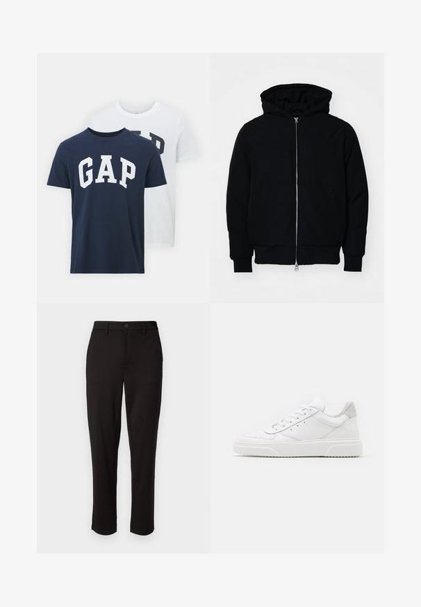 Melna kapucēta jaka ar priekšējo rāvējslēdzēju, kenguru kabatu, ribinātām aprocēm un apakšmalu, parādīta uz vienkārša balta fona.; Divas krekli no GAP; viens tumši zils ar baltu "GAP" logotipu, otrs balts ar tumši zaļu "GAP" logotipu. Izgatavoti no kokvilnas, ar apaļu kakla izgriezumu.; Melnas bikses izgatavotas no viegla materiāla, ar taisnu kāju, priekšējo pogu aizdari, jostas cilpām un sānu kabatām.; Baltie ādas sporta apavi ar gludu virsmu, noapaļotu purngalu, plakaniem šņorēm un reljefa zoli. Pelēks zamšādas akcenti pie papēža.